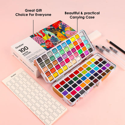 Grabie watercolor paint set - 100 colors including metallic and fluorescent hues with accessories