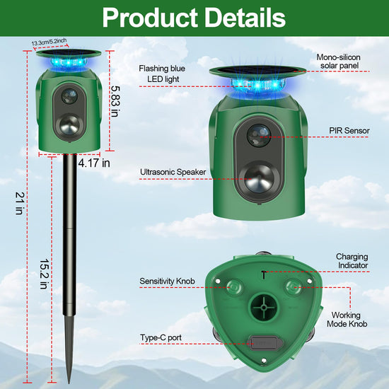 Upgraded Solar Ultrasonic Animal Repellent,360° Cat Repellent Outdoor with Motion Sensor,IP65 Waterproof Dog Repeller with Flash Light to Drive Away Rabbit Deer Squirrel Skunk for Yard Garden Lawn
