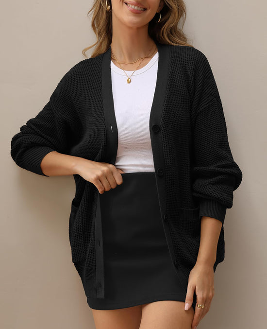 QUALFORT women's cardigan - 100% cotton oversized knit with pockets