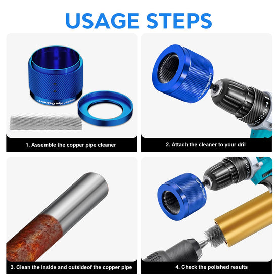DDayuanwei 1/2" & 3/4" & 1" Copper Pipe Cleaner for Drill, with 1/4 Hex Shank & 3 Stainless Steel Wire Brushe, for Cleaning Rust, Stains, Paint on Copper Pipes and Various Metal Pipes(Blue)