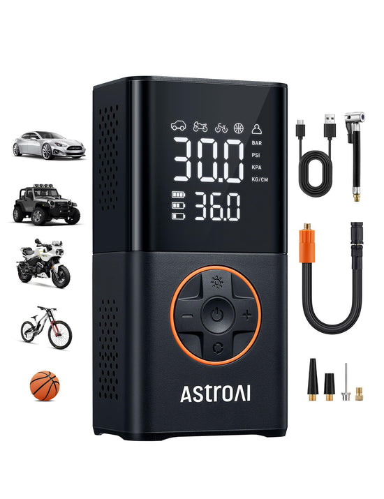 AstroAI L7 tire inflator — Cordless mini air compressor with digital display gauge and LED light