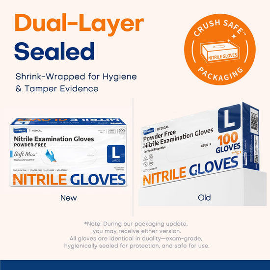 Protective glove — Supmedic nitrile exam, latex-free, powder-free, food safe, blue, large, 100 pcs