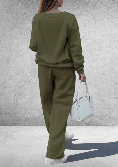 PRETTYGARDEN coordinated outfit — casual winter two piece set with v neck sweatshirt and wide leg pants