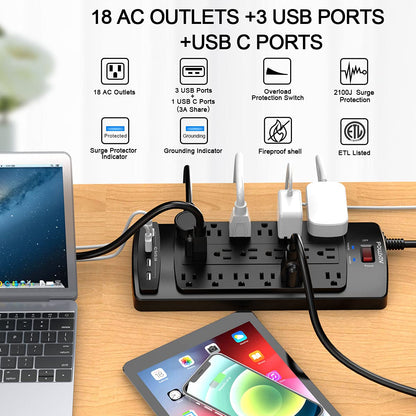 Power strip — 18 outlets and 4 USB ports with flat plug design and heavy duty cord