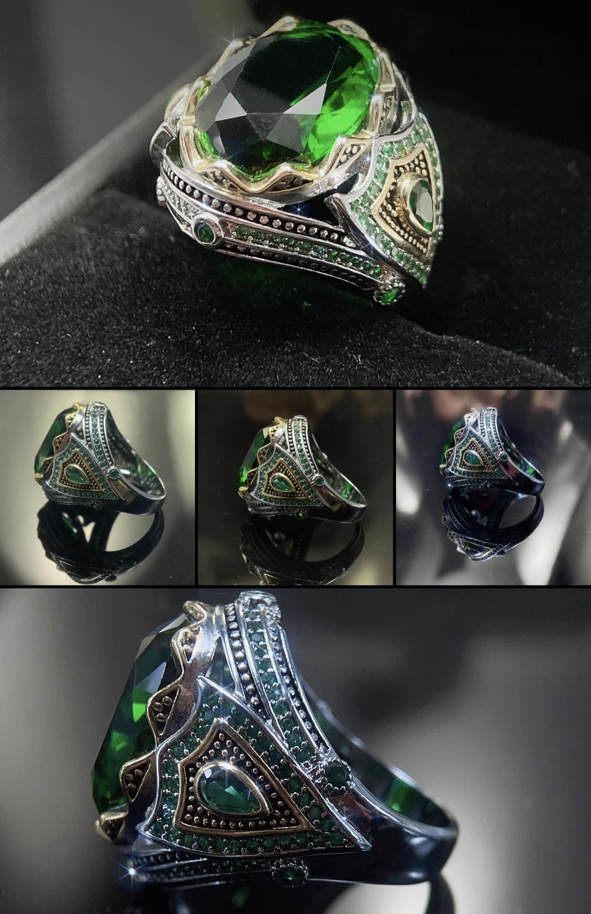 TASHILONG Emerald Stone Men Silver Ring 925 Silvering Emerald Gemstone Ring Handmade Engraved Turkish Silver Ring with Natural Emerald Stone (9)