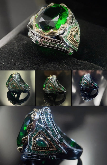 TASHILONG Emerald Stone Men Silver Ring 925 Silvering Emerald Gemstone Ring Handmade Engraved Turkish Silver Ring with Natural Emerald Stone (9)