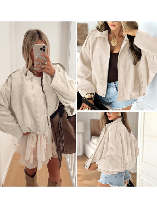 EVALESS faux suede bomber coat with pockets and cropped design