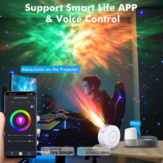 Galaxy Projector for Bedroom Ceiling, （Blue Star） Decorative Lighting Projectors with APP & Voice Control, Compatible with Alexa, HD Night Sky Light for Kids Room, Gaming & Home Decor, White