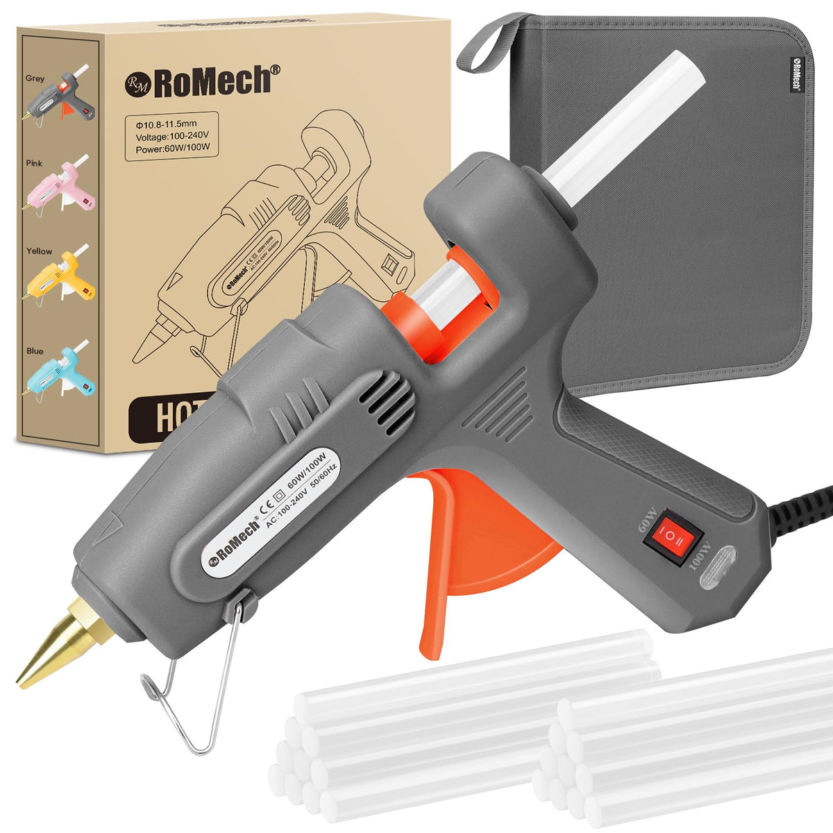 ROMECH hot glue gun with dual power and storage case for crafting and repairs