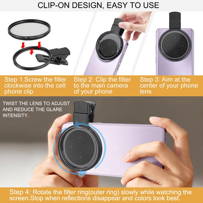 67mm Circular Polarizer Filter for iPhone and Android Phone, CPL Lens Filter, Multi-Layer Coated, HD Transparent, Anti-Reflection, for DSLR Mirrorless Cameras
