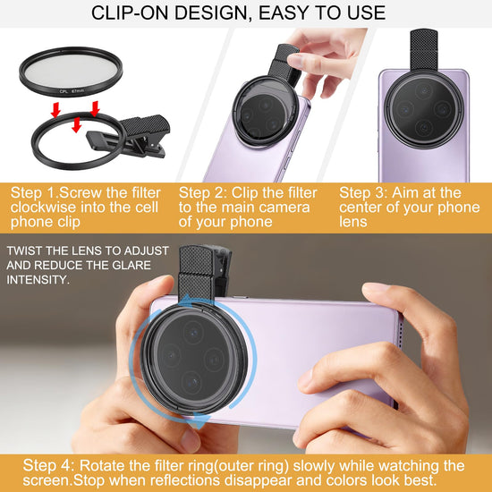 67mm Circular Polarizer Filter for iPhone and Android Phone, CPL Lens Filter, Multi-Layer Coated, HD Transparent, Anti-Reflection, for DSLR Mirrorless Cameras
