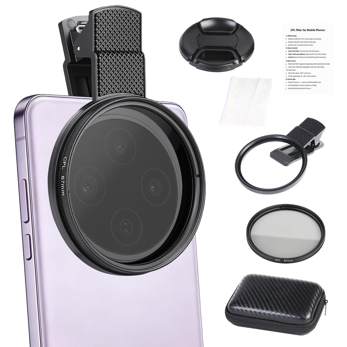 67mm Circular Polarizer Filter for iPhone and Android Phone, CPL Lens Filter, Multi-Layer Coated, HD Transparent, Anti-Reflection, for DSLR Mirrorless Cameras
