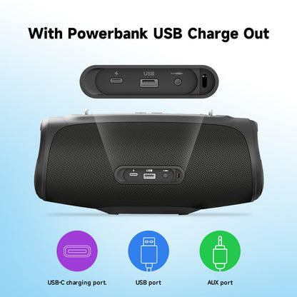 TAZATA portable loud Bluetooth speaker with large subwoofer and powerbank function.