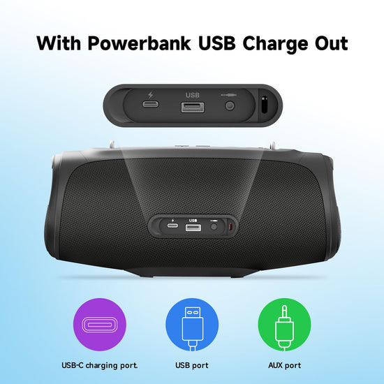 TAZATA portable loud Bluetooth speaker with large subwoofer and powerbank function.