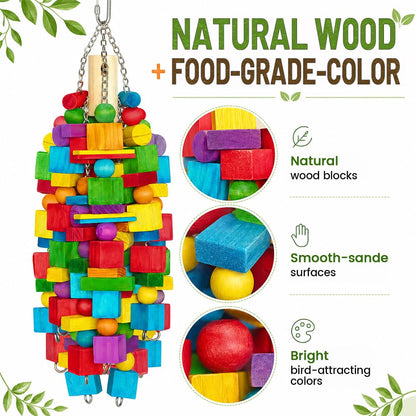 Zephyriel bird toy — natural wood blocks with stainless steel chain for large parrots
