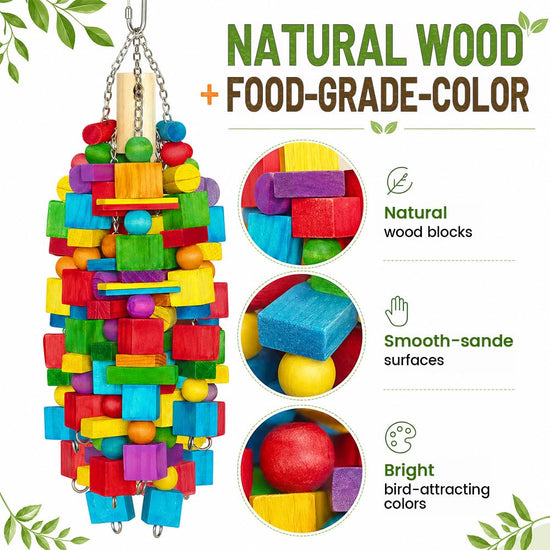 Zephyriel bird toy — natural wood blocks with stainless steel chain for large parrots