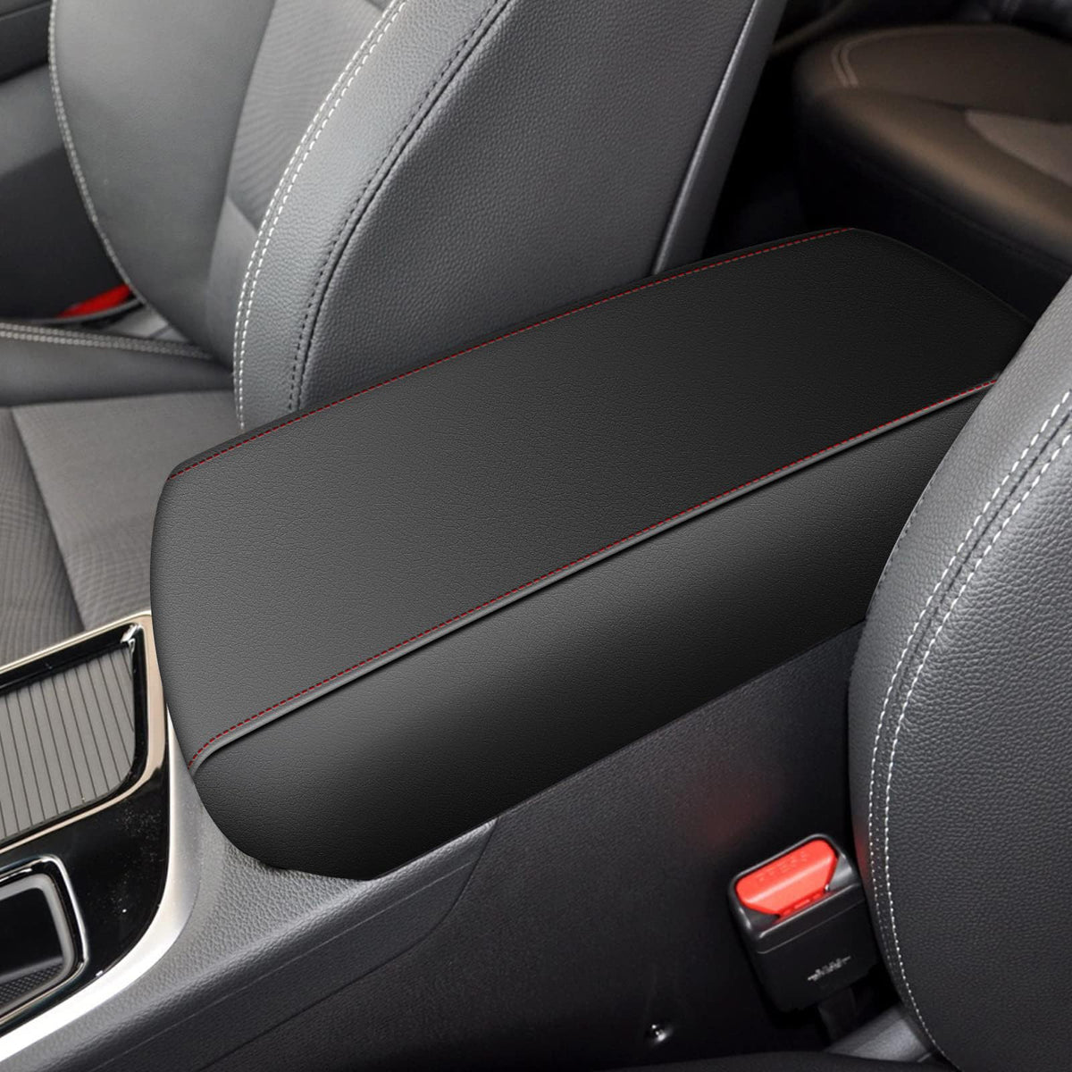 AOMSAZTO leather armrest cushion - Black with red stitches for Hyundai Sonata 2015-2019