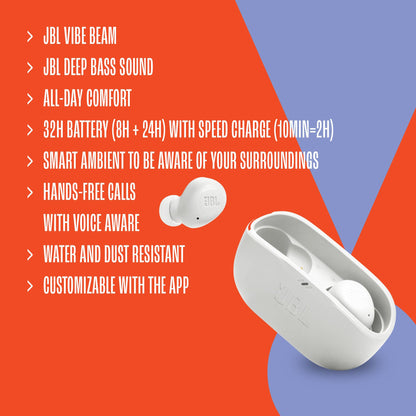 JBL Vibe Buds — True wireless headphones with immersive sound quality.