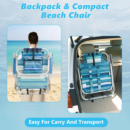 Folding Backpack Beach Chair for Adults, 5-Position Aluminum Lightweight Reclining Beach Chair, Low Sands Compact Chairs with Cup Holder and Padded Headrest for Lawn Patio Poolside,Supports 300lbs