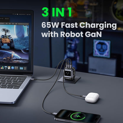 UGREEN charging adapter — 65W GaN compact design with 3 ports for fast charging