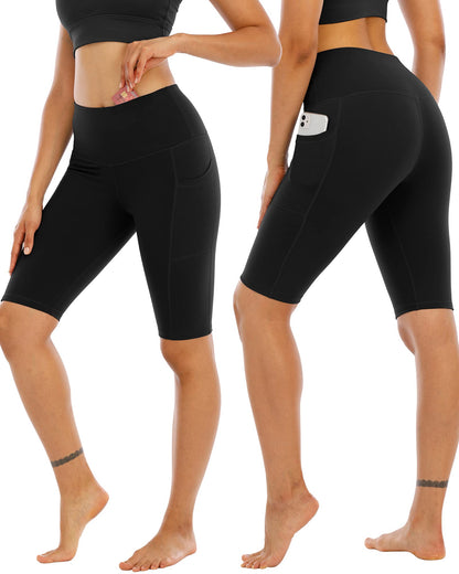 WHOUARE biker yoga shorts with pockets for women, high waisted tummy control shorts