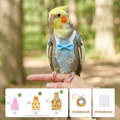 9 Pcs Reusable Bird Diaper, Cute Parrot Flight Suit with Leash & Diaper Pads, Washable Bird Nappy Clothes with Adjustable Straps for Cockatiel, Sun Conure, Green Cheek & Medium Parrots(Size M)