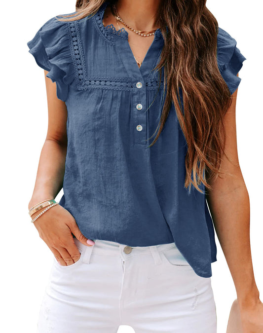 Shirt — V neck lace crochet button down short sleeve blouse by PRETTODAY