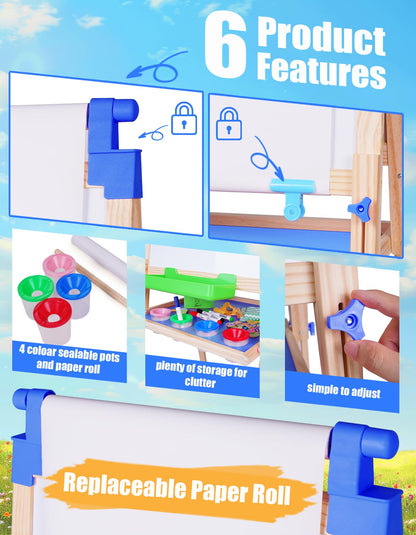 JOYOOSS kids wooden easel with paper roll - adjustable double sided drawing board