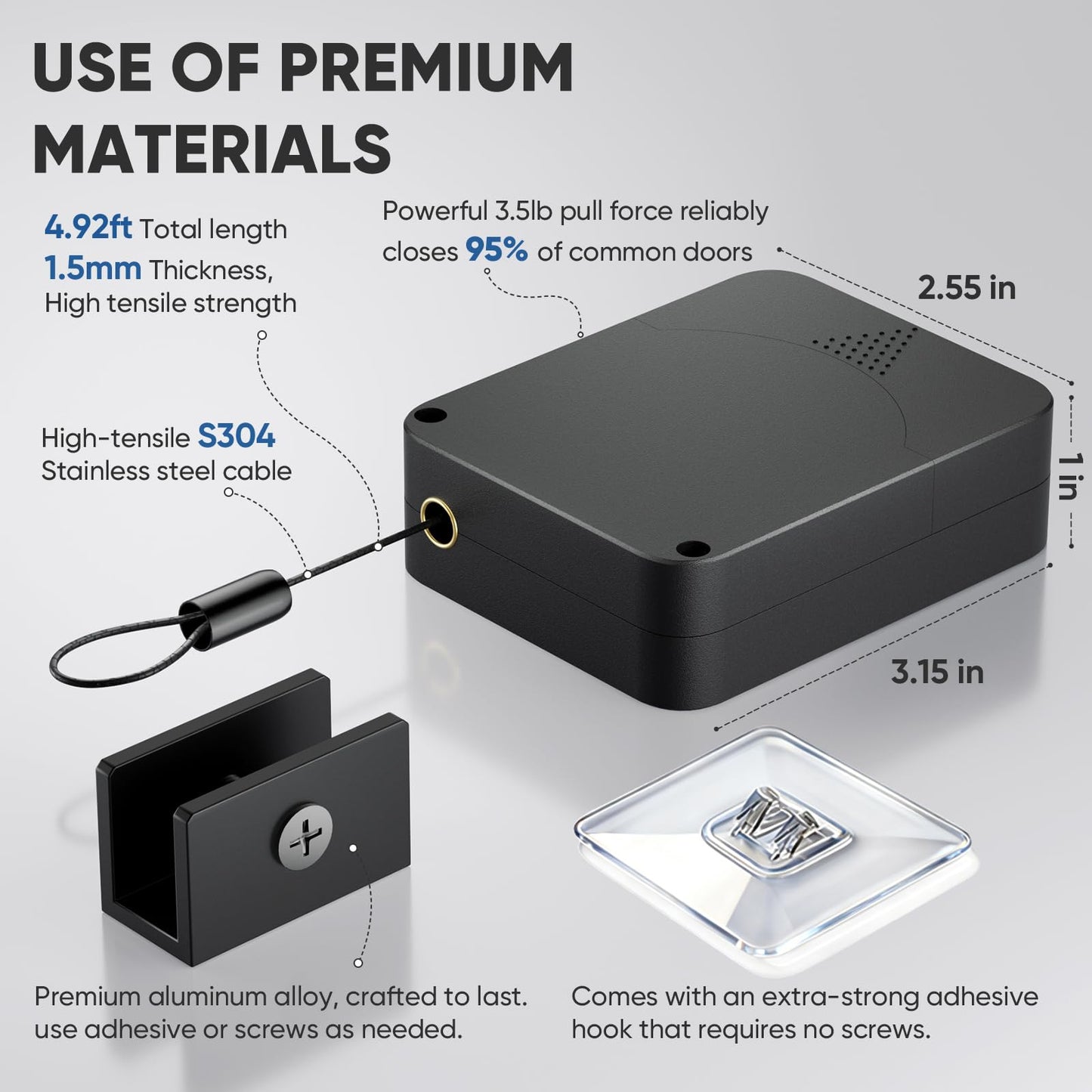 LAKIRA Retractable Automatic Door Closer with Anti-Slam Function - No-Screw Install for Standard, Screen & Sliding Doors - S304 Steel Cable with Powerful 3.5lb Closing Force (1 Pack Black)