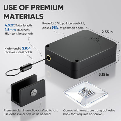 LAKIRA Retractable Automatic Door Closer with Anti-Slam Function - No-Screw Install for Standard, Screen & Sliding Doors - S304 Steel Cable with Powerful 3.5lb Closing Force (1 Pack Black)