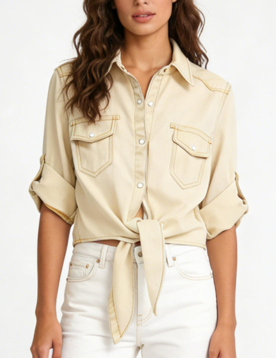 Shirt — Women's roll up sleeve tie front knot chambray denim crop top
