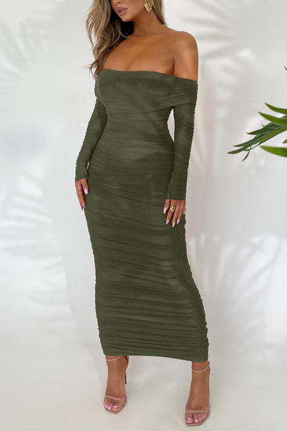 Dress — Off the shoulder maxi dress with ruched fitted bodycon design and slit