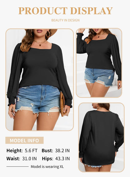 Eytino women's plus size fall tops - square neck puff long sleeve tee shirt 1X-5X