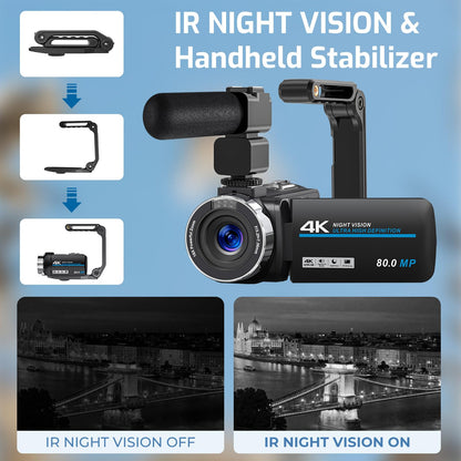 Camcorder Video Camera 4K 80MP Ultra HD Vlogging Camera for YouTube 18X Digital Zoom IR Night Vision 3.0" IPS Screen Video Recorder With Handheld Stabilizer, Microphone, 32G SD Card and Remote Control