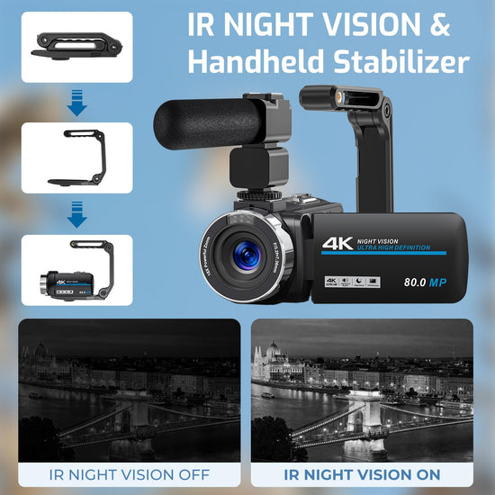 Camcorder Video Camera 4K 80MP Ultra HD Vlogging Camera for YouTube 18X Digital Zoom IR Night Vision 3.0" IPS Screen Video Recorder With Handheld Stabilizer, Microphone, 32G SD Card and Remote Control