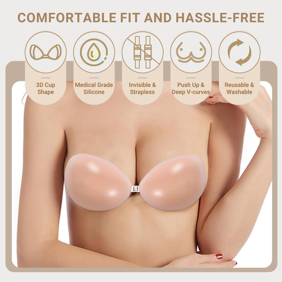 Cbthet Sticky Bra – Strapless & Backless Push Up Adhesive for Women, Invisible Silicone Bra with Nipple Covers (A Cups) Beige