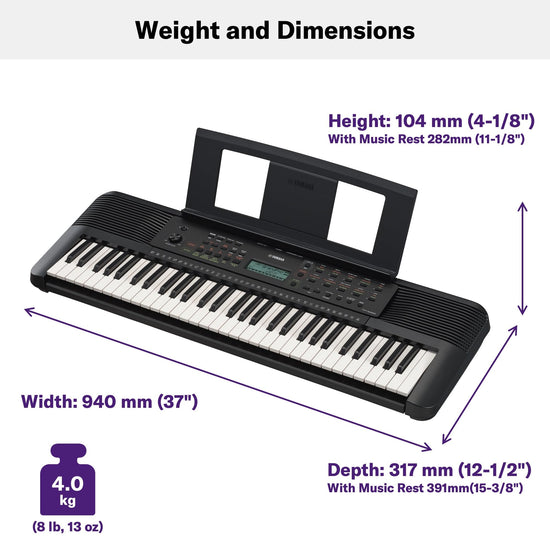 Portable keyboard with touch sensitive keys and music rest for beginners, power adapter included