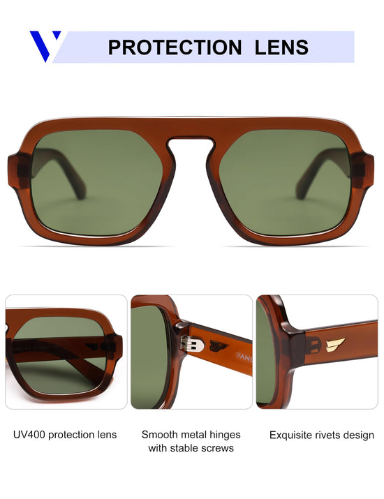 VANLINKER retro square aviator sunglasses - 70s vintage style flat top rectangle design