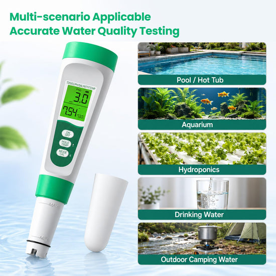 Salt Tester for Saltwater Pool & PH Meter, High Accuracy Pool Salt Tester, 5 in 1 Salinity PH Temp EC TDS Meter for Pool Hot Tub Swimming Aquarium, Daily Maintenance & Water Quality Testing, Green