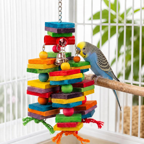 Bird Toys for Parrots, Natural Wood Bird Chewing Toy with Heavy-Duty Stainless Steel Chain for Small to Medium Parrot, Cockatiel, African Grey, Amazon Parrot, Conure Bird Cage Accessories - 1.2 lbs