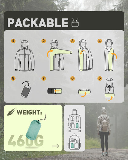 Packable rain jacket — Lightweight waterproof coat with hood for cycling and biking