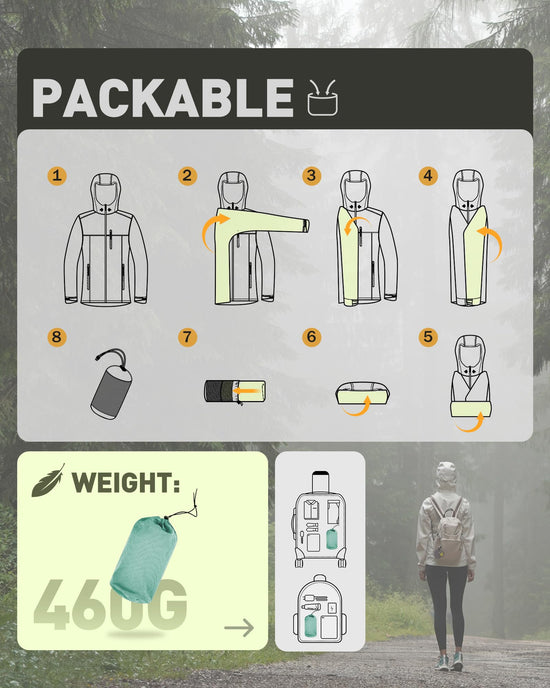 Packable rain jacket — Lightweight waterproof coat with hood for cycling and biking