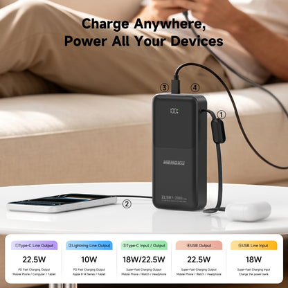 HENGKU Power Bank 20000mah Portable Built-in Cable 22.5w Fast Charge