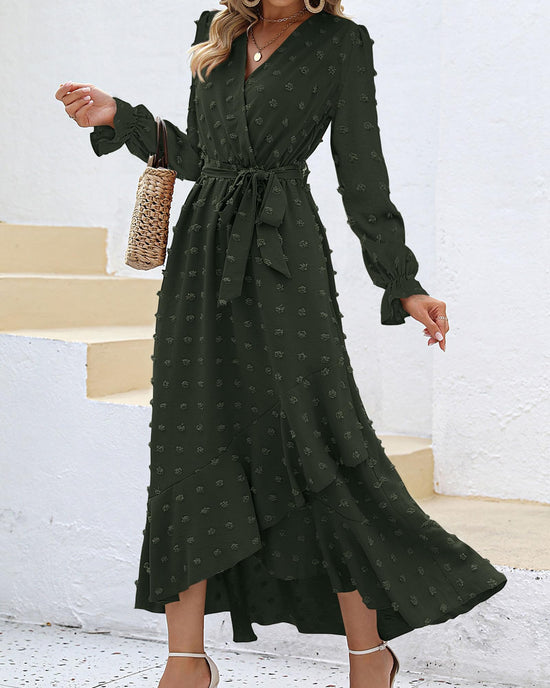 BTFBM long sleeve maxi dress — Swiss dot boho style with flowy slit