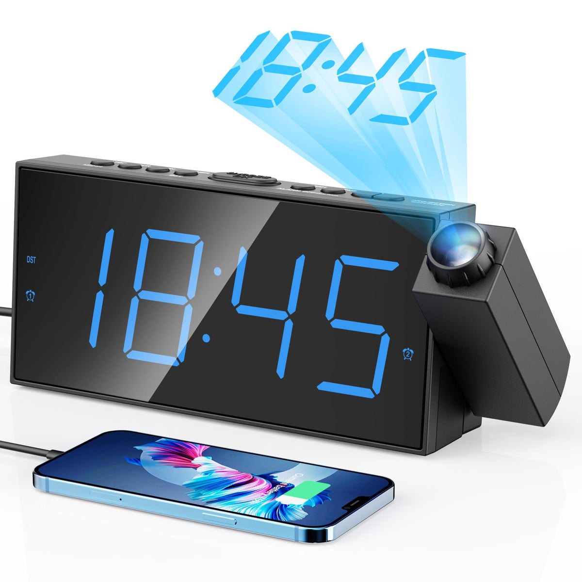 Digital projection alarm clock — 180° rotatable projector with USB charger and dual alarms