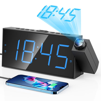 Digital projection alarm clock — 180° rotatable projector with USB charger and dual alarms