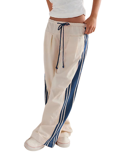 Hongsui women's wide leg pants - drawstring high rise with side stripes and pockets