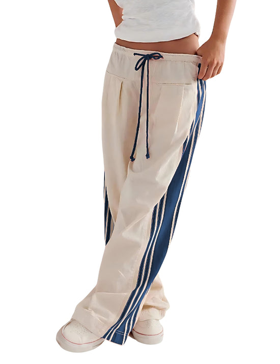 Hongsui women's wide leg pants - drawstring high rise with side stripes and pockets