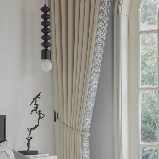 VisionaryHomeDesign curtain panels with embroidered design and tape trim