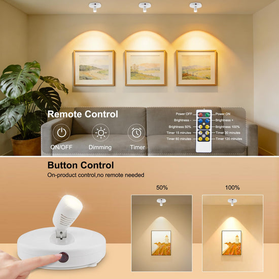 HONWELL Wireless LED Spotlights 2 Pack Accent Light Puck Lights with 2 Remote, Indoor Closet Lights with Rotatable Head,Stick on Artwork Lighting, Picture Light for Paintings